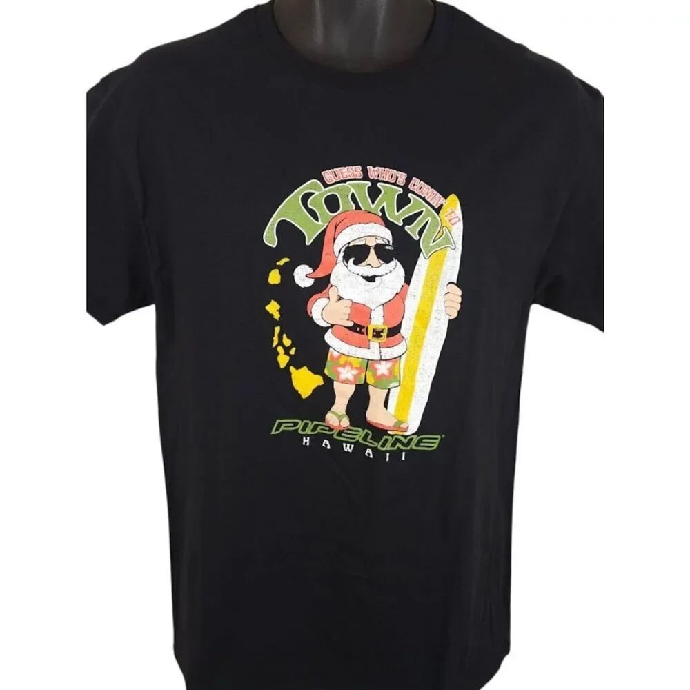 Surfing Santa T Shirt Mens Size Medium Black Pipeline Hawaii Surfer Christmas